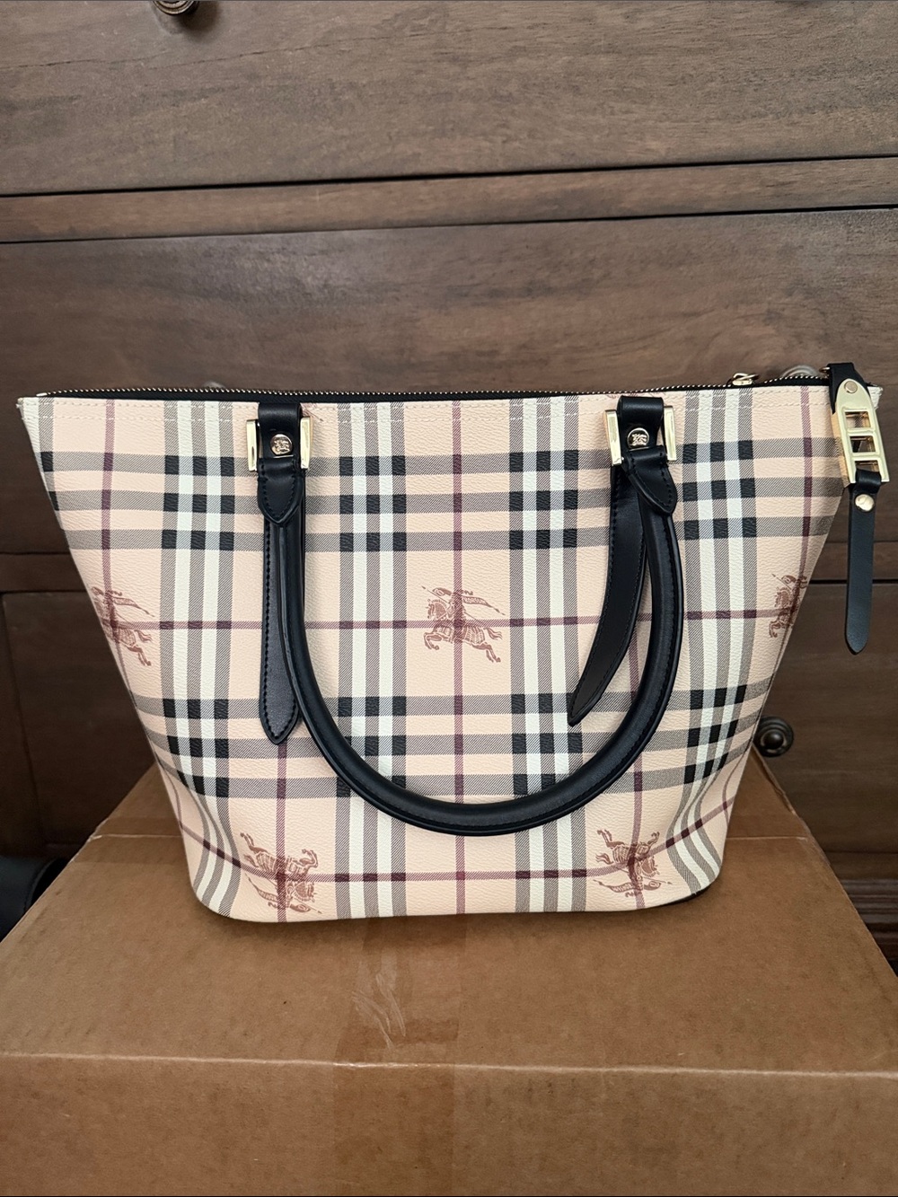 Classic Plaid Tote Bag with Black Trim - Beige Plaid